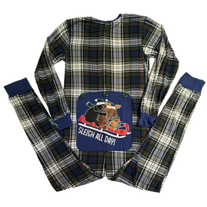 Fammy Jammies Sleigh All Day Men XS Plaid Kids Pajamas Moose Animals Toboggan